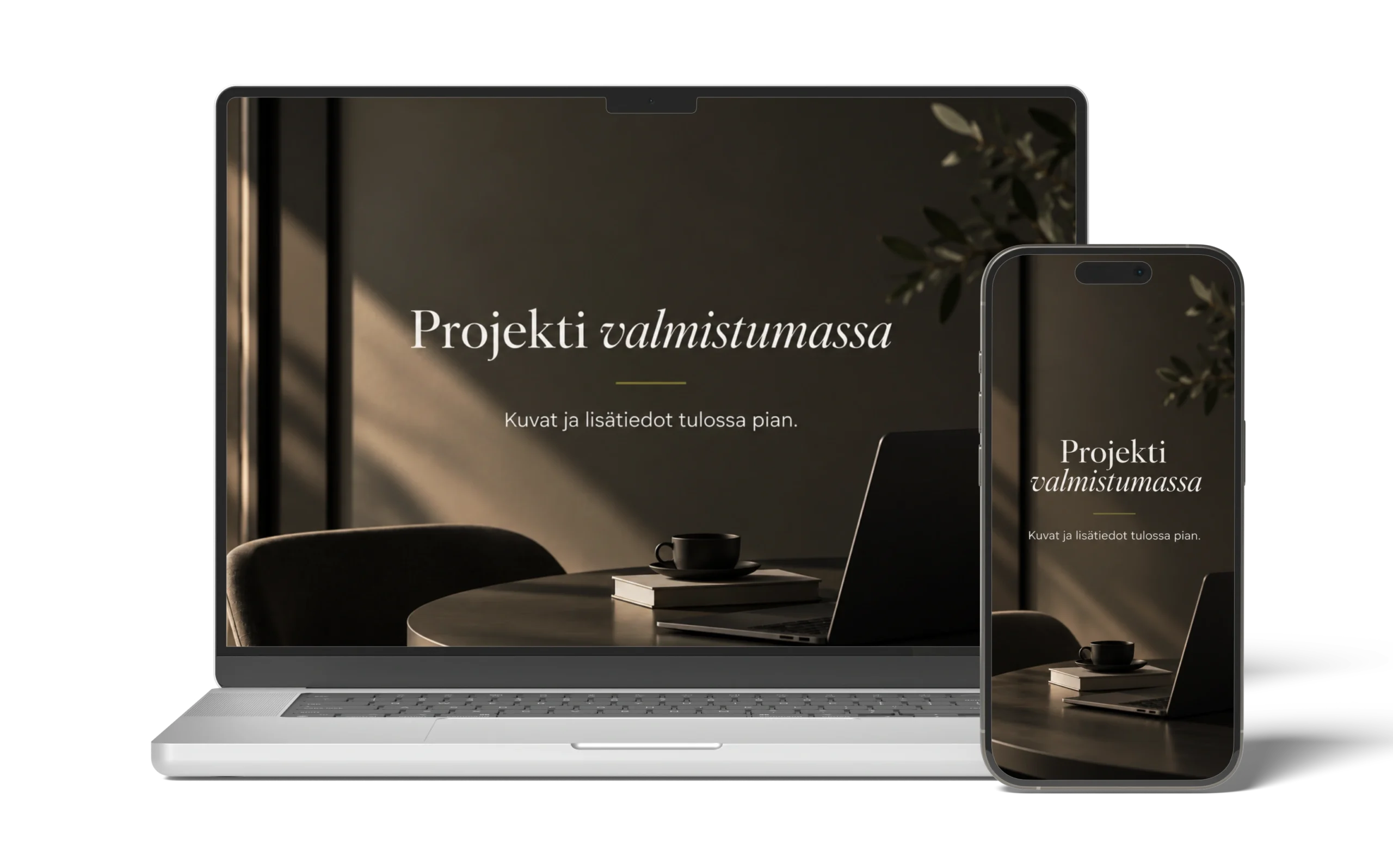 Kannettava tietokone sekä puhelin kuvaamassa Eleon Median valmistumassa olevaa projektia.