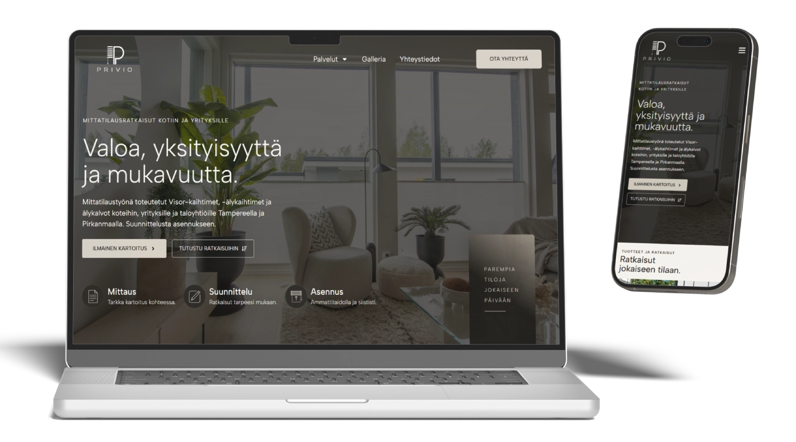 Eleon Median tuottamat Privion uudet verkkosivut esiteltynä kannettavan tietokoneen ja puhelimen näytöllä.