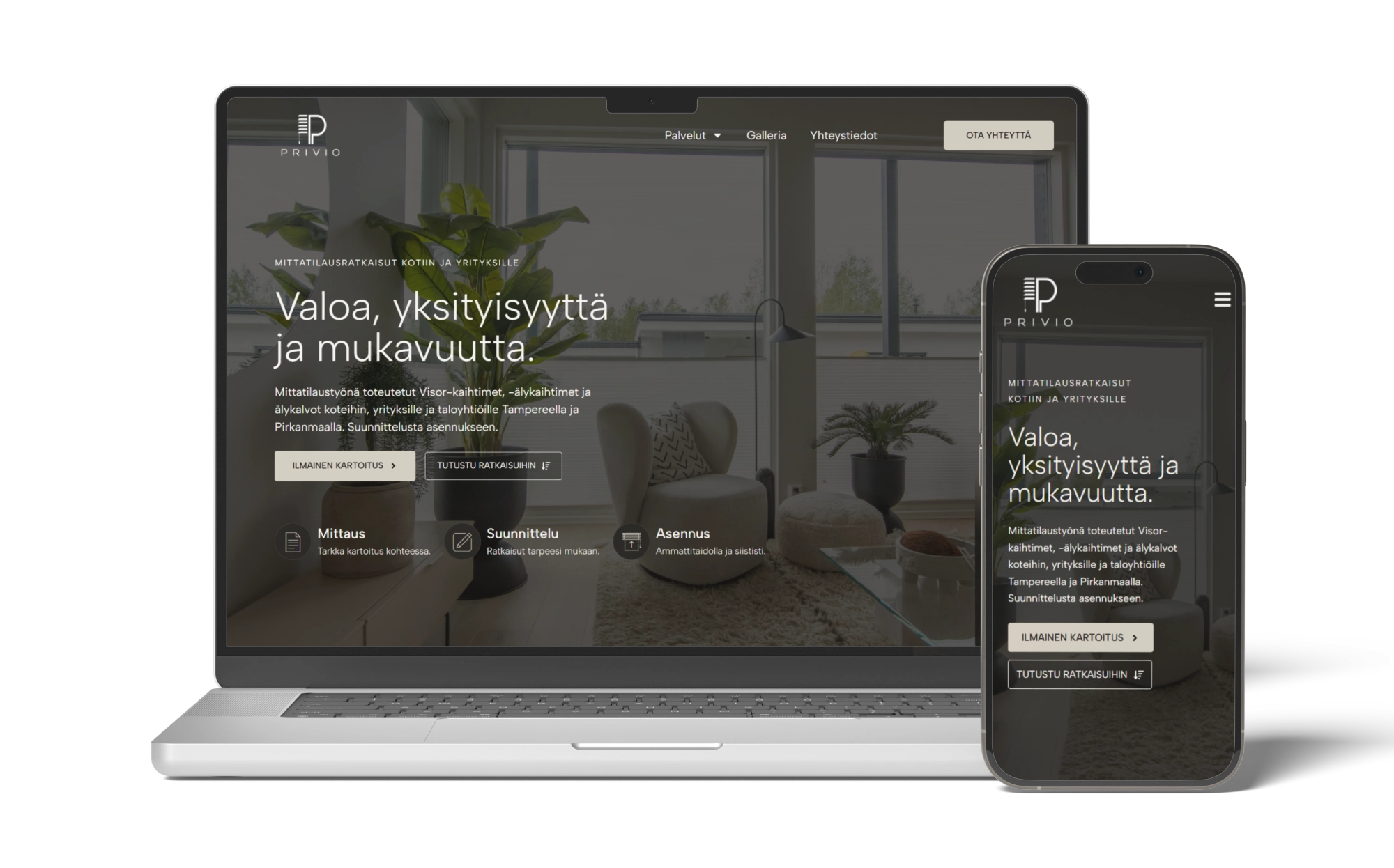 Eleon Median toteuttamat Privio yrityksen verkkosivut esiteltynä kannettavalla tietokoneella ja puhelimella.